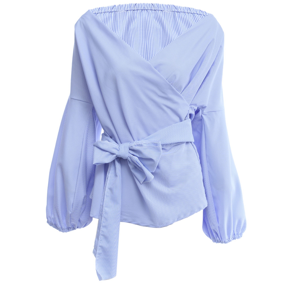 CHIC V-NECK LANTERN SLEEVE PURE COLOR BANDAGE DESIGN PLEAT T-SHIRT (BLUE, SIZE S/M/L/XL)