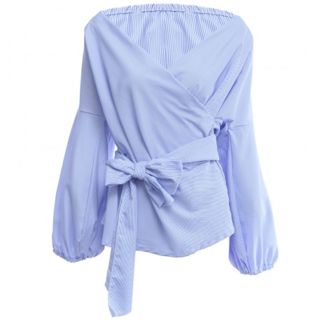 CHIC V-NECK LANTERN SLEEVE PURE COLOR BANDAGE DESIGN PLEAT T-SHIRT (BLUE, SIZE S/M/L/XL)