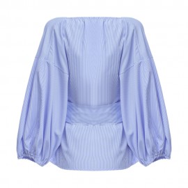 CHIC V-NECK LANTERN SLEEVE PURE COLOR BANDAGE DESIGN PLEAT T-SHIRT (BLUE, SIZE S/M/L/XL)