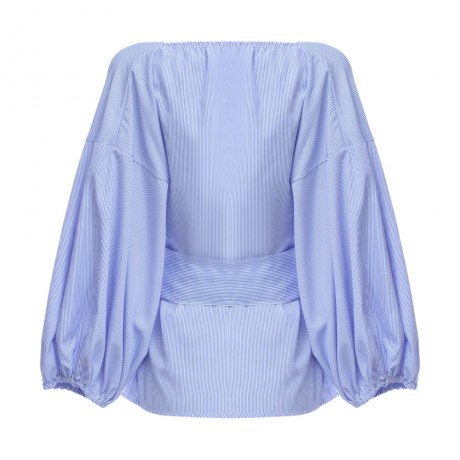 CHIC V-NECK LANTERN SLEEVE PURE COLOR BANDAGE DESIGN PLEAT T-SHIRT (BLUE, SIZE S/M/L/XL)