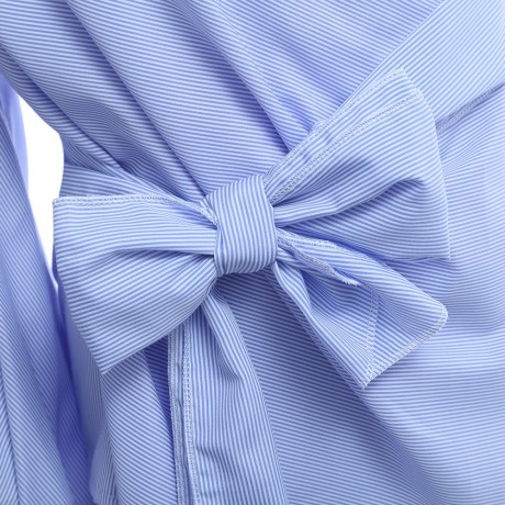 CHIC V-NECK LANTERN SLEEVE PURE COLOR BANDAGE DESIGN PLEAT T-SHIRT (BLUE, SIZE S/M/L/XL)