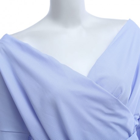 CHIC V-NECK LANTERN SLEEVE PURE COLOR BANDAGE DESIGN PLEAT T-SHIRT (BLUE, SIZE S/M/L/XL)
