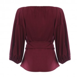 CHIC V-NECK LANTERN SLEEVE PURE COLOR BANDAGE DESIGN PLEAT T-SHIRT (WINE RED, SIZE S/M/L/X