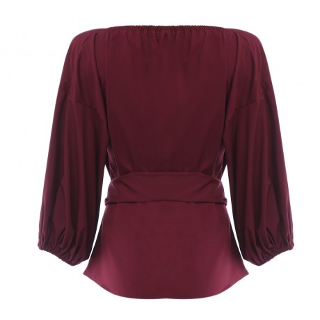 CHIC V-NECK LANTERN SLEEVE PURE COLOR BANDAGE DESIGN PLEAT T-SHIRT (WINE RED, SIZE S/M/L/X