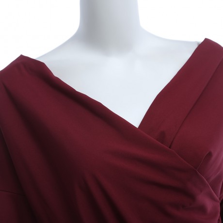 CHIC V-NECK LANTERN SLEEVE PURE COLOR BANDAGE DESIGN PLEAT T-SHIRT (WINE RED, SIZE S/M/L/X