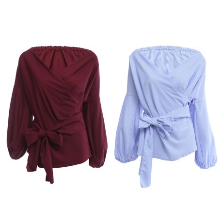 CHIC V-NECK LANTERN SLEEVE PURE COLOR BANDAGE DESIGN PLEAT T-SHIRT (WINE RED, SIZE S/M/L/X