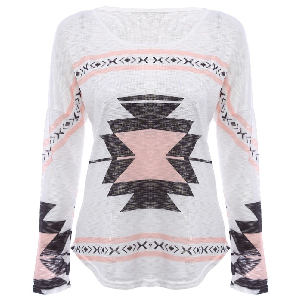 WOMEN'S LONG SLEEVE PRINT LOOSE BLOUSE  (WHITE, SIZE S/M/L/XL)