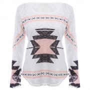WOMEN'S LONG SLEEVE PRINT LOOSE BLOUSE  (WHITE, SIZE S/M/L/XL)