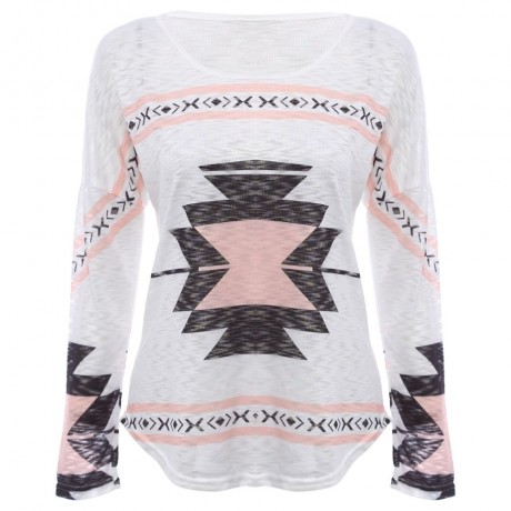 WOMEN'S LONG SLEEVE PRINT LOOSE BLOUSE  (WHITE, SIZE S/M/L/XL)
