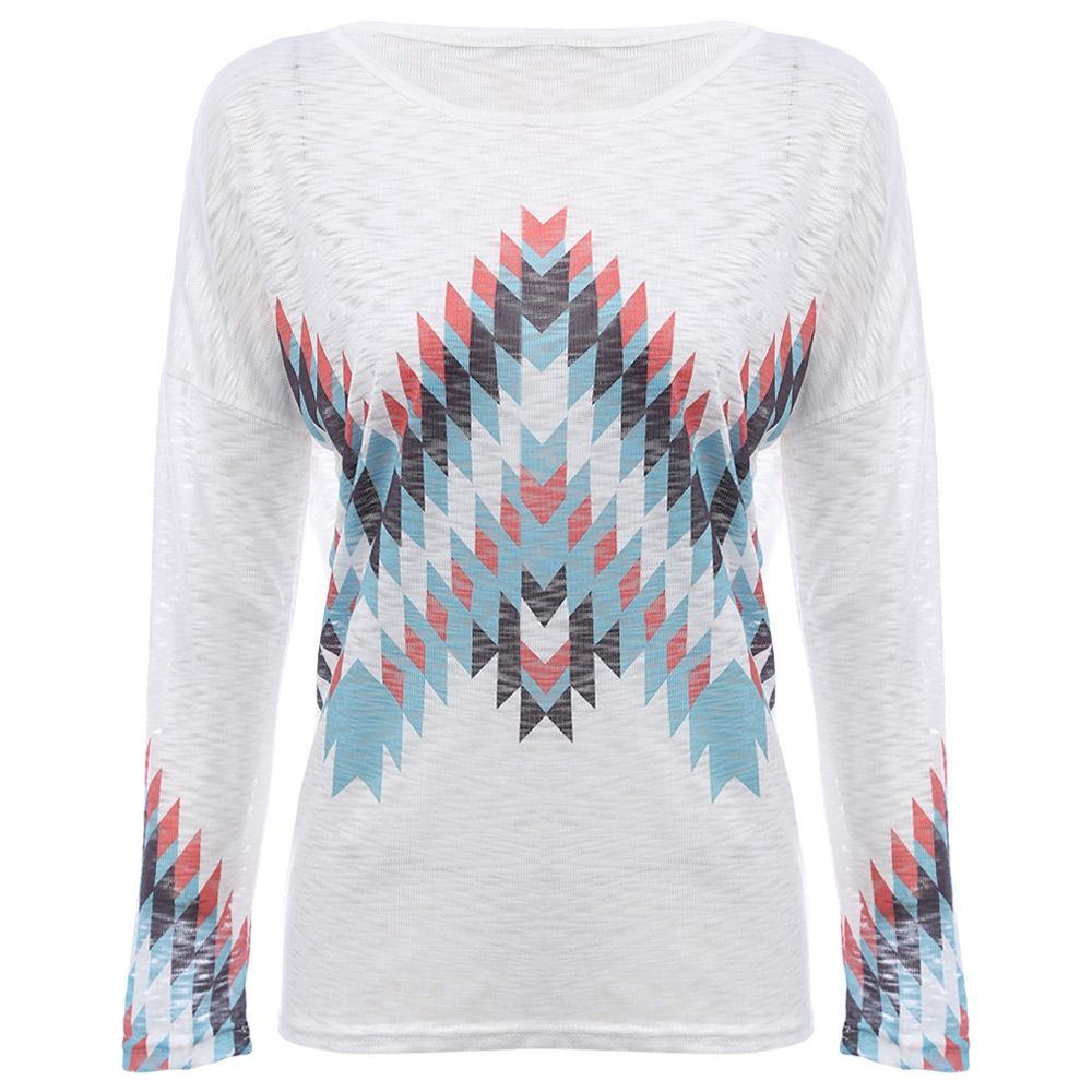 WOMEN'S LONG SLEEVE WAVE PRINT TOP (WHITE, SIZE S/M/L/XL)