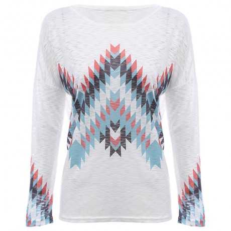WOMEN'S LONG SLEEVE WAVE PRINT TOP (WHITE, SIZE S/M/L/XL)