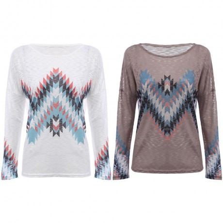 WOMEN'S LONG SLEEVE WAVE PRINT TOP (WHITE, SIZE S/M/L/XL)