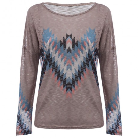 WOMEN'S LONG SLEEVE WAVE PRINT TOP (SHALLOW FLAXEN, SIZE S/M/L/XL)