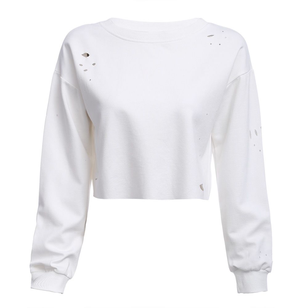 WOMEN'S ROUND COLLAR LONG SLEEVE HOLE SHORT SWEATSHIRT (WHITE, SIZE S/M/L/XL)