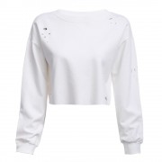 WOMEN'S ROUND COLLAR LONG SLEEVE HOLE SHORT SWEATSHIRT (WHITE, SIZE S/M/L/XL)