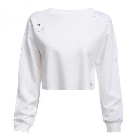 WOMEN'S ROUND COLLAR LONG SLEEVE HOLE SHORT SWEATSHIRT (WHITE, SIZE S/M/L/XL)