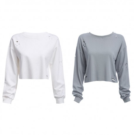 WOMEN'S ROUND COLLAR LONG SLEEVE HOLE SHORT SWEATSHIRT (WHITE, SIZE S/M/L/XL)