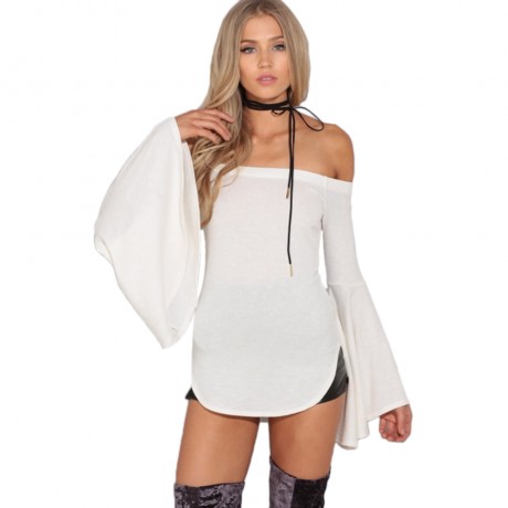 WOMEN'S BRIEF OFF THE SHOULDER FLARE SLEEVE T-SHIRT (WHITE, SIZE S/M/L/XL)