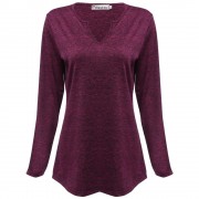 WOMEN'S V-NECK LONG SLEEVE SHEATH BOTTOM BLOUSE (PURPLE, SIZE S/M/L/XL)