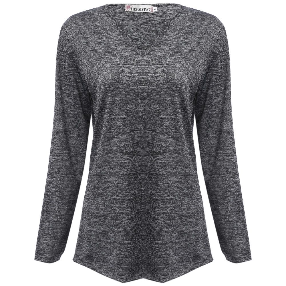 WOMEN'S V-NECK LONG SLEEVE SHEATH BOTTOM BLOUSE (DEEP GRAY, SIZE S/M/L/XL)
