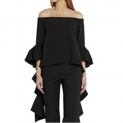 WOMEN'S OFF THE SHOULDER FLARE SLEEVE PURE COLOR FLOUNCED BLOUSE (BLACK, SIZE S/M/L/XL)