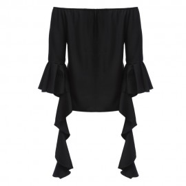 WOMEN'S OFF THE SHOULDER FLARE SLEEVE PURE COLOR FLOUNCED BLOUSE (BLACK, SIZE S/M/L/XL)