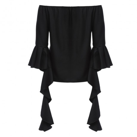WOMEN'S OFF THE SHOULDER FLARE SLEEVE PURE COLOR FLOUNCED BLOUSE (BLACK, SIZE S/M/L/XL)