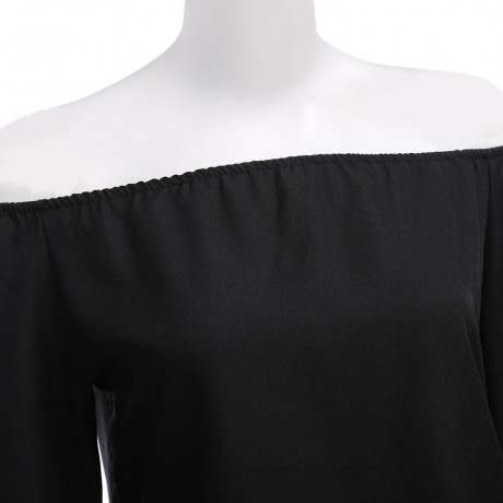 WOMEN'S OFF THE SHOULDER FLARE SLEEVE PURE COLOR FLOUNCED BLOUSE (BLACK, SIZE S/M/L/XL)