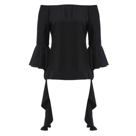 WOMEN'S OFF THE SHOULDER FLARE SLEEVE PURE COLOR FLOUNCED BLOUSE (BLACK, SIZE S/M/L/XL)