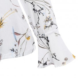 WOMEN'S STYLISH BOW TIE COLLAR FLARE SLEEVE FLORAL PRINT LOOSE BLOUSE (WHITE, SIZE M/L/XL/
