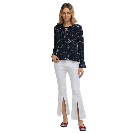 WOMEN'S STYLISH BOW TIE COLLAR FLARE SLEEVE FLORAL PRINT LOOSE BLOUSE (PURPLISH BLUE, SIZE