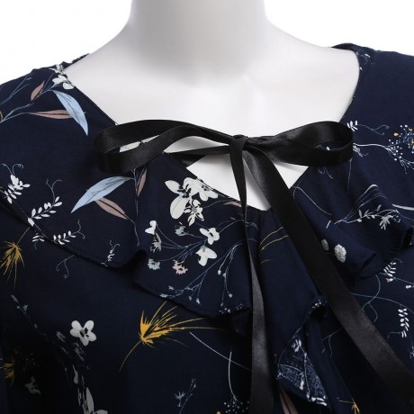 WOMEN'S STYLISH BOW TIE COLLAR FLARE SLEEVE FLORAL PRINT LOOSE BLOUSE (PURPLISH BLUE, SIZE