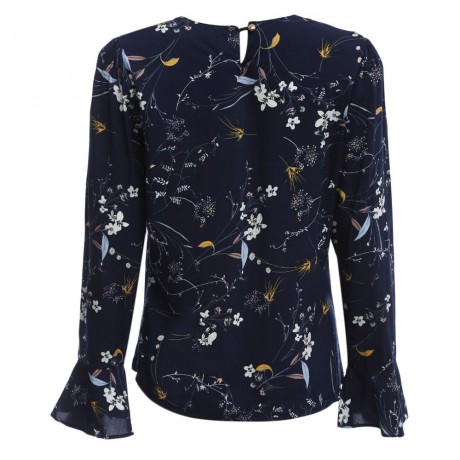 WOMEN'S STYLISH BOW TIE COLLAR FLARE SLEEVE FLORAL PRINT LOOSE BLOUSE (PURPLISH BLUE, SIZE