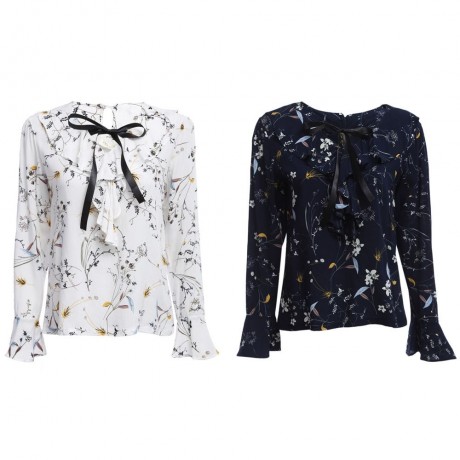 WOMEN'S STYLISH BOW TIE COLLAR FLARE SLEEVE FLORAL PRINT LOOSE BLOUSE (PURPLISH BLUE, SIZE