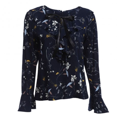 WOMEN'S STYLISH BOW TIE COLLAR FLARE SLEEVE FLORAL PRINT LOOSE BLOUSE (PURPLISH BLUE, SIZE