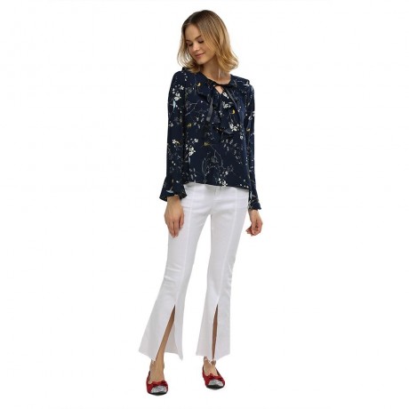 WOMEN'S STYLISH BOW TIE COLLAR FLARE SLEEVE FLORAL PRINT LOOSE BLOUSE (PURPLISH BLUE, SIZE