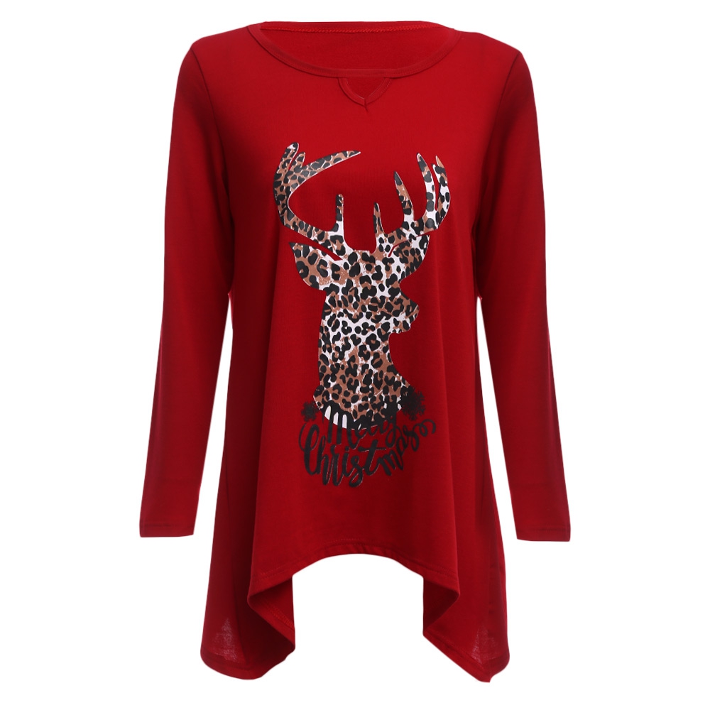 WOMNE'S LONG SLEEVE DEER PRINT BLOUSE (RED, SIZE S/M/L/XL)