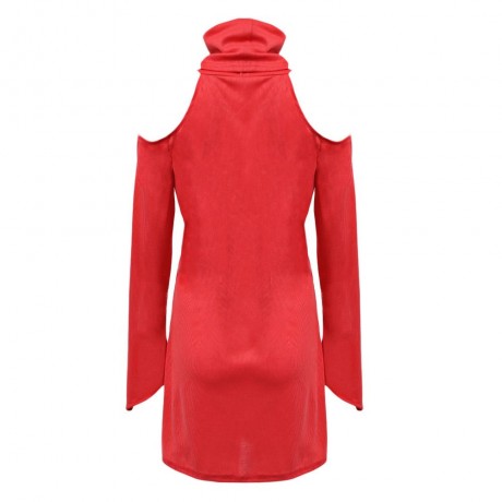 WOMEN'S TURTLENECK CUT OUT SHEATH BODYCON DRESS (WATERMELON RED, SIZE S/M/L/XL)