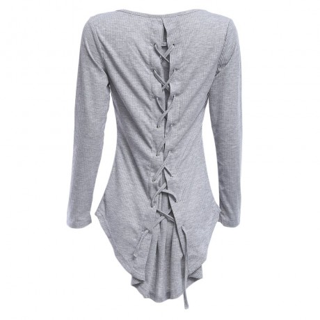 WOMEN'S LONG SLEEVE BACK BANDAGE DESIGN BLOUSE (GRAY, SIZE S/M/L/XL)