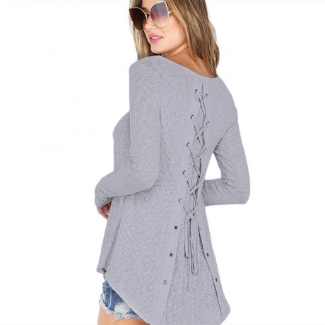 WOMEN'S LONG SLEEVE BACK BANDAGE DESIGN BLOUSE (GRAY, SIZE S/M/L/XL)