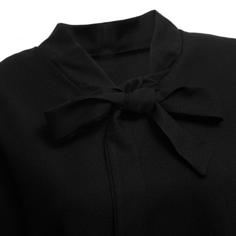 STYLISH BOW TIE COLLAR LONG SLEEVE PURE COLOR WOMEN BLOUSE (BLACK, SIZE M/L/XL/2XL)
