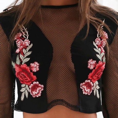 WOMEN'S LONG SLEEVE TRANSPARENT EMBROIDERY HOLLOW CROP TOP (BLACK, SIZE S/M/L/XL)
