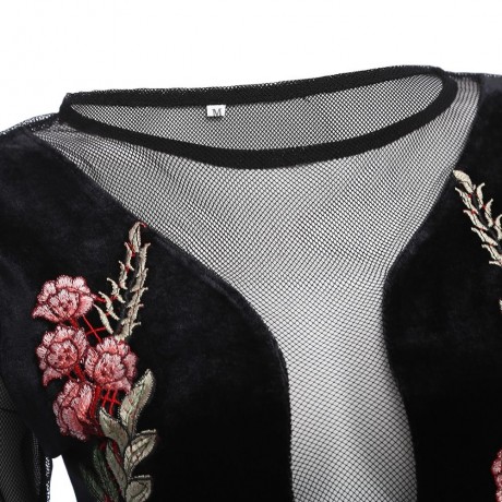 WOMEN'S LONG SLEEVE TRANSPARENT EMBROIDERY HOLLOW CROP TOP (BLACK, SIZE S/M/L/XL)
