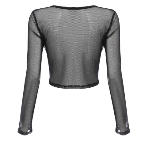 WOMEN'S LONG SLEEVE TRANSPARENT EMBROIDERY HOLLOW CROP TOP (BLACK, SIZE S/M/L/XL)