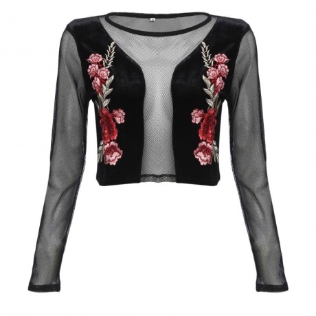 WOMEN'S LONG SLEEVE TRANSPARENT EMBROIDERY HOLLOW CROP TOP (BLACK, SIZE S/M/L/XL)