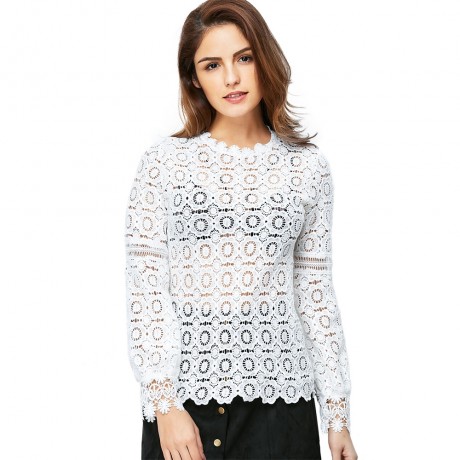 WOMEN'S LANTERN SLEEVE HOLLOW FLORAL PATTERN LACE BLOUSE (WHITE, SIZE S/M/L/XL)