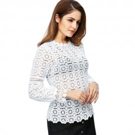 WOMEN'S LANTERN SLEEVE HOLLOW FLORAL PATTERN LACE BLOUSE (WHITE, SIZE S/M/L/XL)