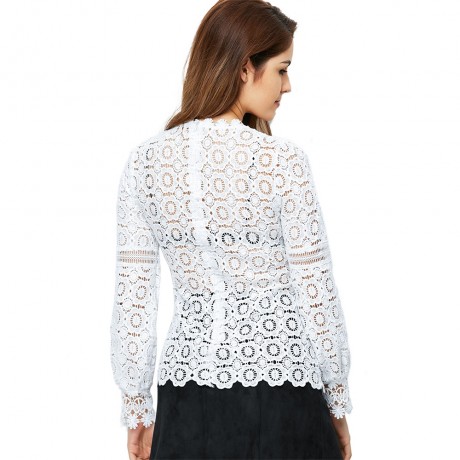 WOMEN'S LANTERN SLEEVE HOLLOW FLORAL PATTERN LACE BLOUSE (WHITE, SIZE S/M/L/XL)
