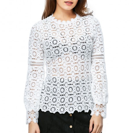 WOMEN'S LANTERN SLEEVE HOLLOW FLORAL PATTERN LACE BLOUSE (WHITE, SIZE S/M/L/XL)
