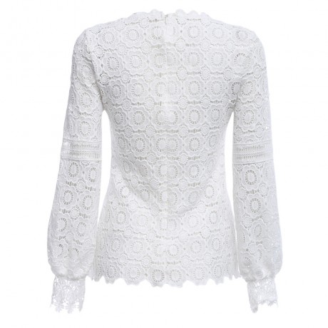 WOMEN'S LANTERN SLEEVE HOLLOW FLORAL PATTERN LACE BLOUSE (WHITE, SIZE S/M/L/XL)